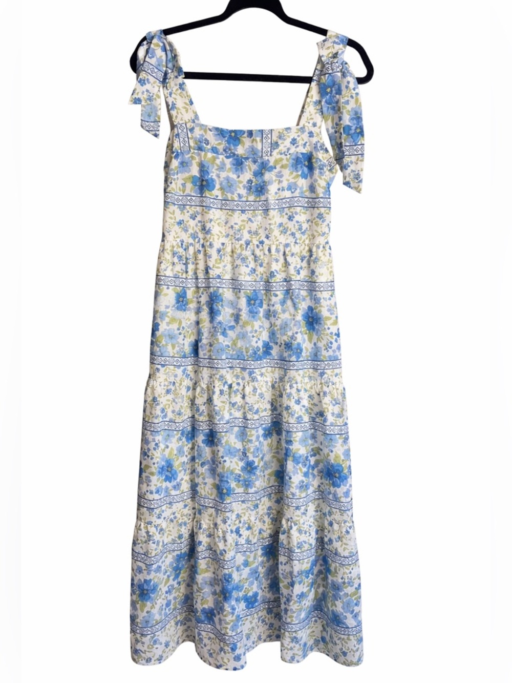 By the River Blue Floral Tie Strap Midi Dress Boho Cottagecore Sz Small